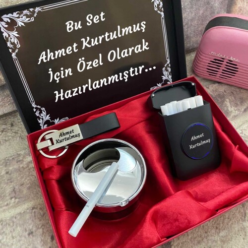 Sevgiliye Hediye Elektronik Çakmaklı Sigaralık Metal Kül Tablası ve Deri Anahtarlık Seti