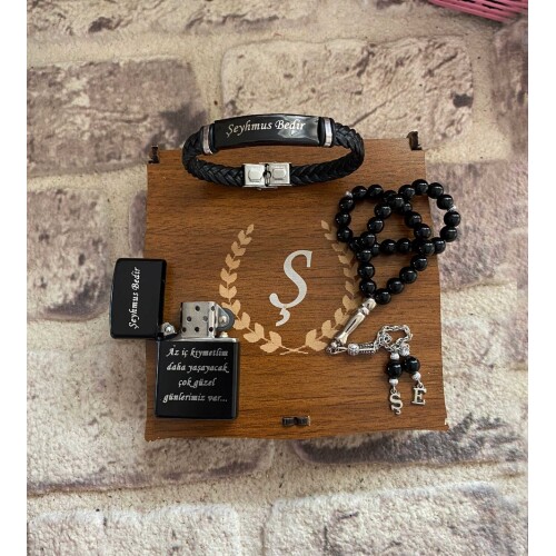 Ahşap Kutulu Deri Bileklikli Çakmak Tespih Set