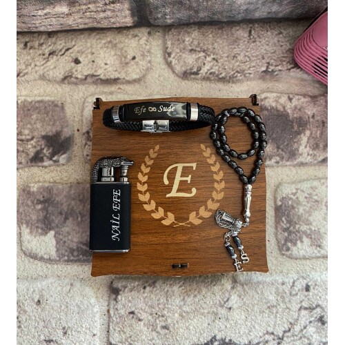 Ahşap Kutulu Deri Bileklikli Timsah Çakmak  Tespih Set