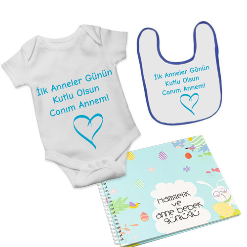 Anneler Günü Hediyesi Önlük, Body ve Anı Defteri - Mavi