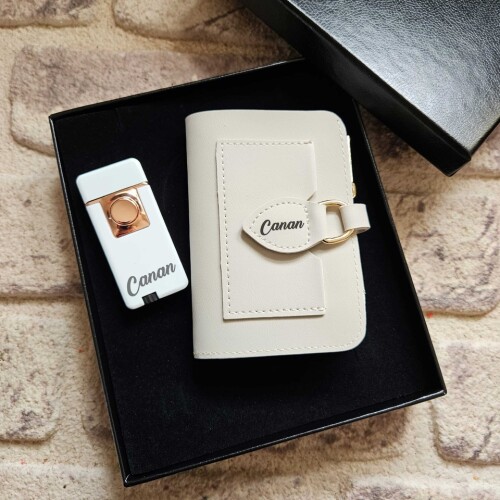 Kadınlara Özel Beyaz Cüzdan ve Karanlıkta Parlayan Çakmak Seti