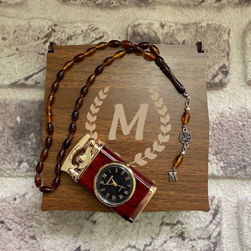 Kahverengi Saatli Çakmak ve Tespih Seti