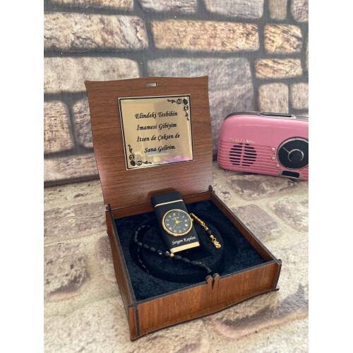 Kişiye Özel Ahşap Kutulu Saatli Çakmak ve Şık Tespih Seti
