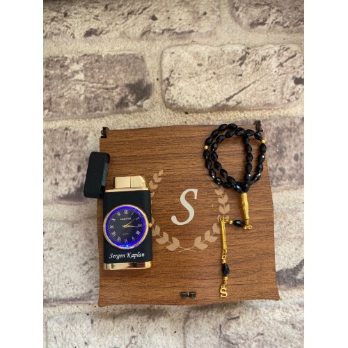 Kişiye Özel Ahşap Kutulu Saatli Çakmak ve Şık Tespih Seti