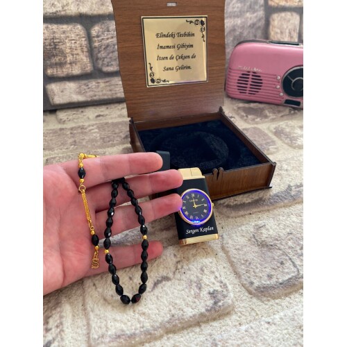 Kişiye Özel Ahşap Kutulu Saatli Çakmak ve Şık Tespih Seti