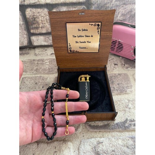 Kişiye Özel Ahşap Kutulu Timsah Çakmak ve Şık Tespih Seti