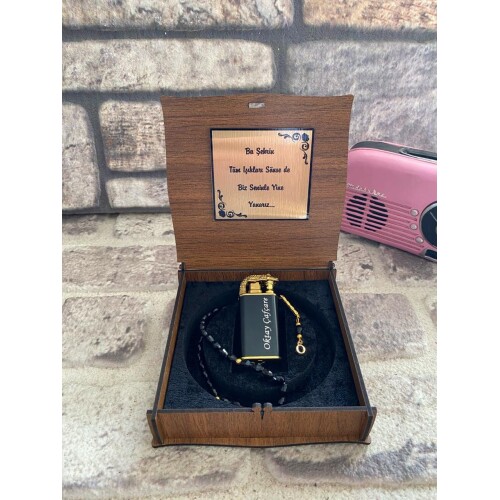 Kişiye Özel Ahşap Kutulu Timsah Çakmak ve Şık Tespih Seti