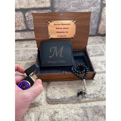 Kişiye Özel Cüzdan Saatli Çakmak ve Tespih Seti