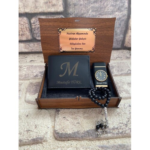 Kişiye Özel Cüzdan Saatli Çakmak ve Tespih Seti