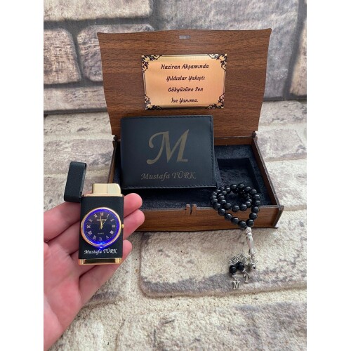 Kişiye Özel Cüzdan Saatli Çakmak ve Tespih Seti