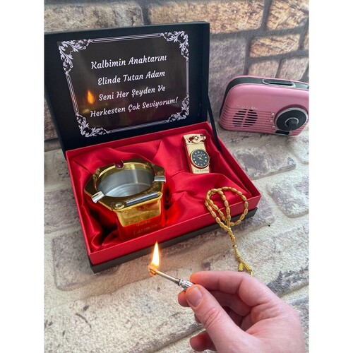 Kişiye Özel Gold Çakmak, Sihirli Küllük ve Tespih Seti