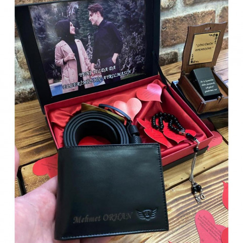 Kişiye Özel Hediye Seti ( Cüzdan- Kemer - Çakmak - Tespih)