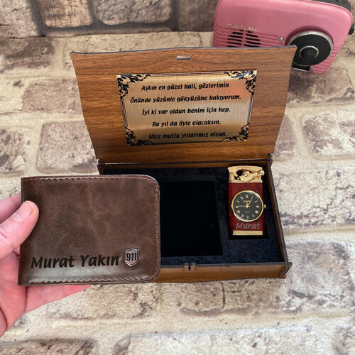 Kişiye Özel Kahverengi Cüzdan ve Çakmak Seti