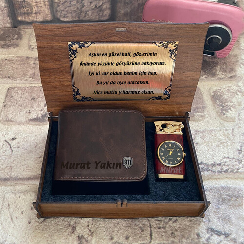 Kişiye Özel Kahverengi Cüzdan ve Çakmak Seti