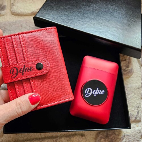 Kişiye Özel Kırmızı Cüzdan ve Elektronik Çakmaklı Sigara Kutusu