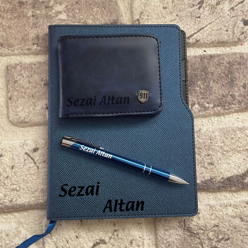 Kişiye Özel Mavi Cüzdan Defter ve Kalem Seti