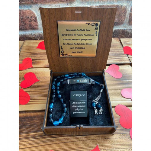 Kişiye Özel Metal Çakmak, Tespih ve Bileklik Seti - Fotoğraflı