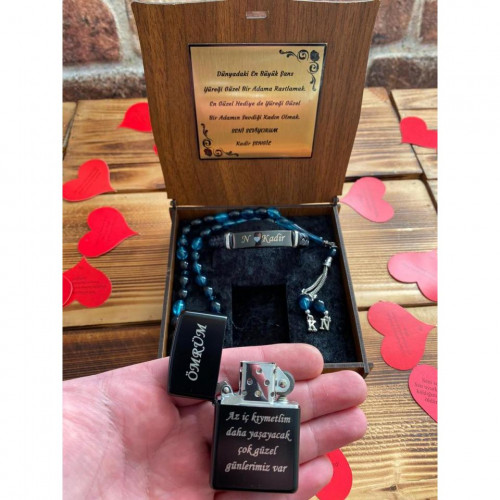 Kişiye Özel Metal Çakmak, Tespih ve Bileklik Seti - Mavi