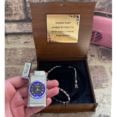 Kişiye Özel Saatli Metal Çakmak Ve Gümüş Suyu Kaplama Metal  Tesbih