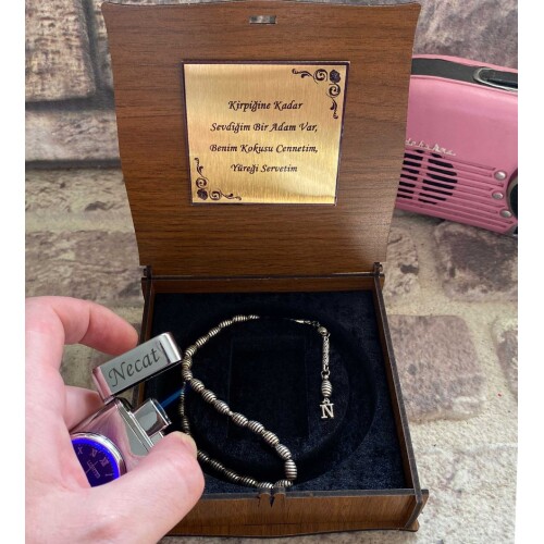 Kişiye Özel Saatli Metal Çakmak Ve Gümüş Suyu Kaplama Metal  Tesbih