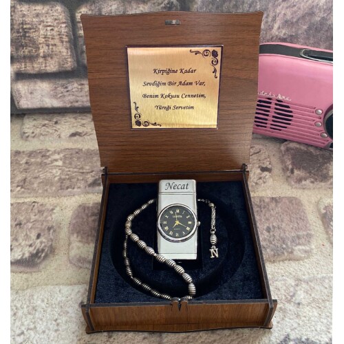 Kişiye Özel Saatli Metal Çakmak Ve Gümüş Suyu Kaplama Metal  Tesbih