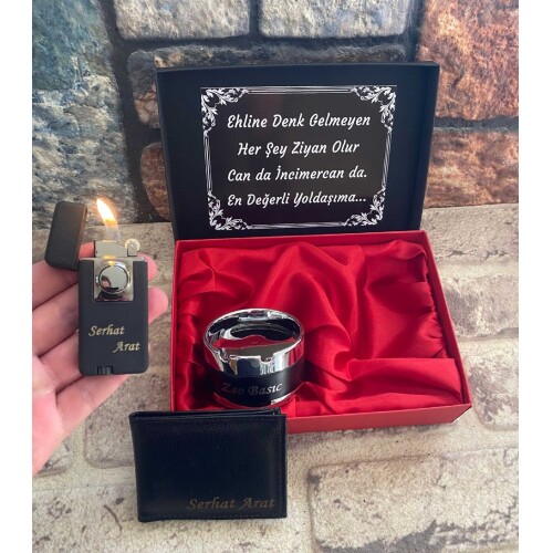 Kişiye Özel Set Kutusunda Cüzdan , Gazlı Çakmak , Metal Küllük