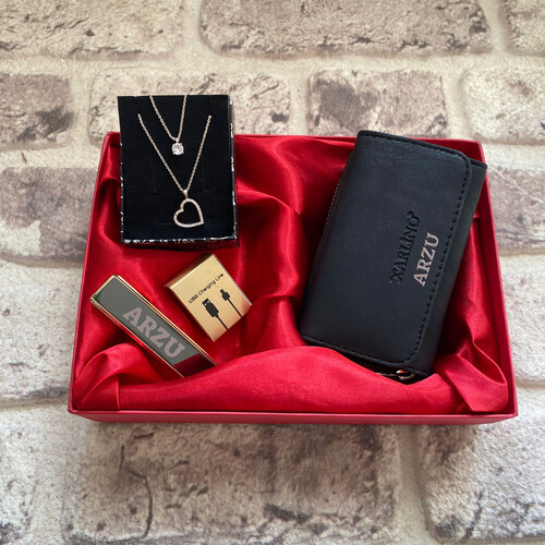 Kişiye Özel Şık Hediye Seti Kolye - Elektronik Çakmak ve Cüzdan