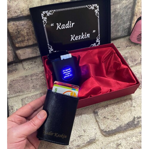 Lüks Set Kutulu Mekanizmalı Kartlık Cüzdan ve Usb Şarjlı Çakmaklı Sigara Tabakası