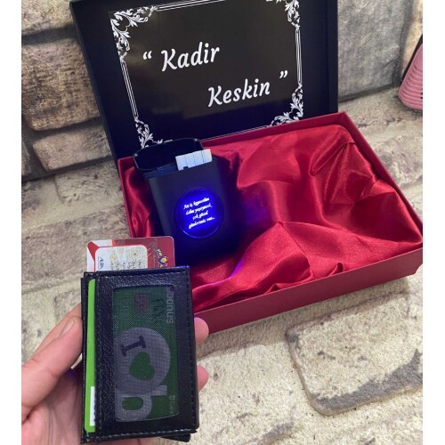 Lüks Set Kutulu Mekanizmalı Kartlık Cüzdan ve Usb Şarjlı Çakmaklı Sigara Tabakası