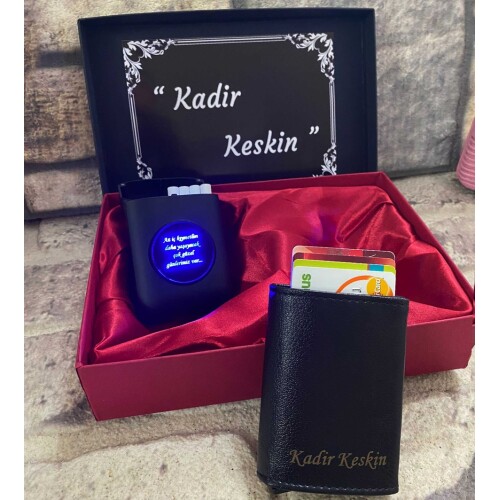 Lüks Set Kutulu Mekanizmalı Kartlık Cüzdan ve Usb Şarjlı Çakmaklı Sigara Tabakası