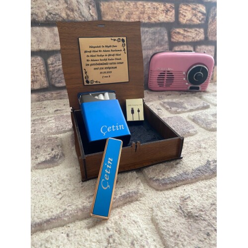 Usb Şarjlı Çakmak ve Sigara Kutusu Mavi Renk