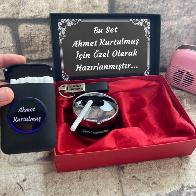 Sevgiliye Hediye Elektronik Çakmaklı Sigaralık Metal Kül Tablası ve Deri Anahtarlık Seti