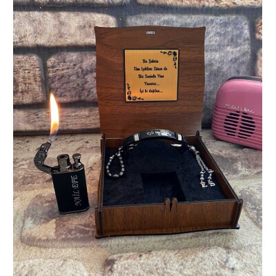 Ahşap Kutulu Deri Bileklikli Timsah Çakmak  Tespih Set