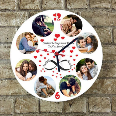 Kişiye Özel 8 Fotoğraflı Ahşap Duvar Saati - 27cm