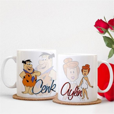 Kişiye Özel Taş Devri 2li Kupa Bardak Seti - Fred ve Wilma